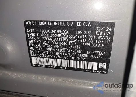 2024 Honda Hr-V Awd Sport/Awd Sport W/O Bsi z USA, uszkodzony, nr VIN 3CZRZ2H51RM767093